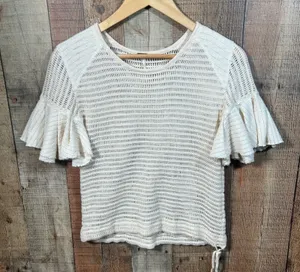 Free People Babes Only Cream Open Knit Ruffle Sleeve Sweater Top Medium Boho thumbnail 1