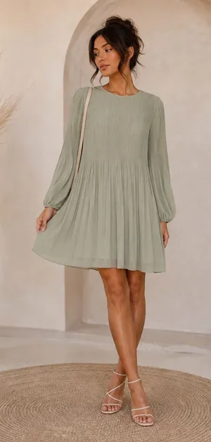 Aritzia Wilfred Daydreamer Pleated Chiffon Mini Dress Sage Green 2XL thumbnail 1