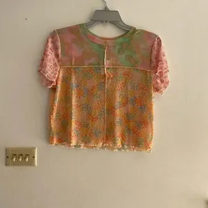 BP Nordstrom Patchwork Crop Top Short Sleeve Ruffle Hem NWT Size L Pink thumbnail 3