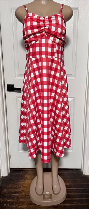 NWT Red and White Gingham plaid Midi check Sundress L costume vintage inspired thumbnail 1