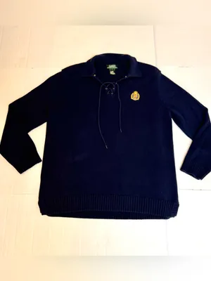 Lauren Ralph Lauren Lace Up Sweater L Navy Crest Cotton Knit Collared Preppy thumbnail 4