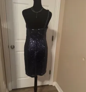Sexy blue sequin one shoulder cocktail dress thumbnail 2