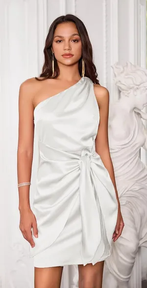 White satin one shoulder mini dress - size 6 thumbnail 1