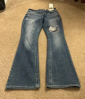 E281 copper flash 10 curvy mid rise bootcut jeans sparkle cute comfy thumbnail 1