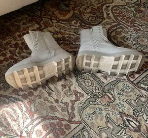 Beige Fabric Moto Lace Up Combat Boots thumbnail 3