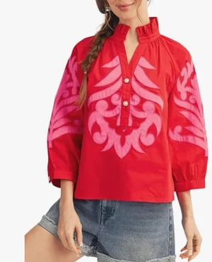 Amazon Womens Baroque Applique Blouses Ruffled V-Neck 3/4 Puff Sleeves Top Floral Embroidered Button Down Shirt thumbnail 1