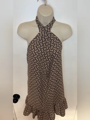 EMERY ROSE Size S Halter Mini Dress Beige Black Geometric Print Ruffle Hem thumbnail 4