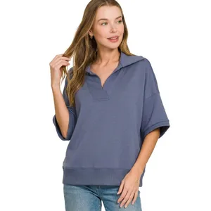 Zenana Scuba Collared Short Sleeve Pullover - Blue Indigo - Small‎ thumbnail 2