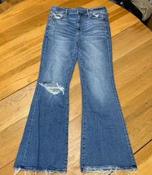 American Eagle Super Hi-Rise Flare Jeans Blue Distressed Raw Hem Women 10‎ Reg thumbnail 1