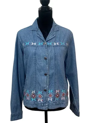 Agapo Vintage Women's S Blue Denim Embroidered Southwestern Button Front Jacket thumbnail 1