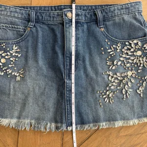 Free People Shine Bright Shine Far Medium Wash Denim Rhinestone Mini Skirt thumbnail 9