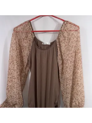 Blakeley Brown Ribbed Floral Puff Sleeve Bodysuit Size S/M thumbnail 4