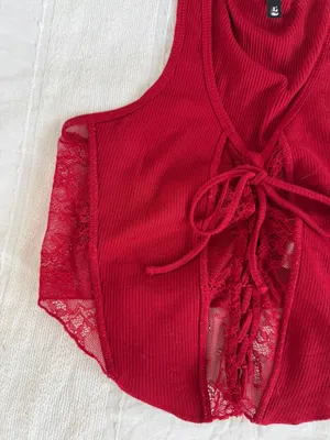 Garage Red Lace-Up Tank Top with Mesh Details thumbnail 2