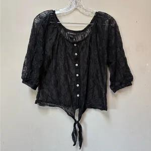 Self Esteem L Whimsigoth Black Lace Crop Top Romantic Goth Tie Front thumbnail 2