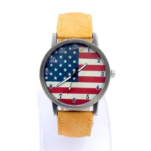American Flag Watch w/‎ Yellow Wrist Strap - Faux Leather, Patriot USA Quartz thumbnail 2