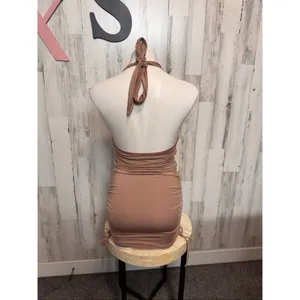 Tan Beige Deep V-Neck Ruched Drawstring Halter Backless Mini Dress XS thumbnail 5