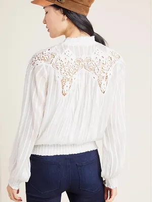Anthropologie Moira peasant blouse intricate lace smocked cuffs V Neck 0 thumbnail 2