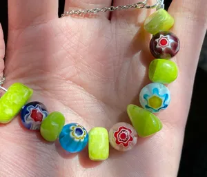 natural jade stones & colorful flower glass beads necklace/choker 💚 thumbnail 3