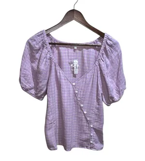 NWT Madewell small Linen-Blend Puff-Sleeve Button-Wrap Top in Plaid thumbnail 1