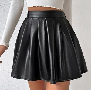 Frenchy High Waist PU Pleated Skirt Pu Leather Latex Mini Skirt High Rise A-line thumbnail 1