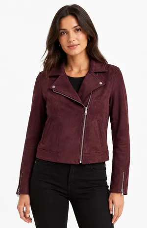 Old Navy Women’s Medium Burgundy Faux Suede Moto Biker Jacket Zip Cuffs thumbnail 1
