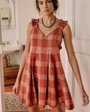Sézane NWT Lizon in Ocre Ecru Plaid Tie Back Pleated Linen Dress 40 / US 8 thumbnail 1