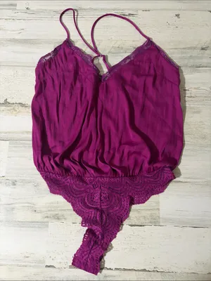 Free People Magenta Lace-Trim Satin-Look Bodysuit Size M thumbnail 1