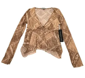 Madden Girl Sheer Lace Long Sleeve Top Brown Y2K Boho Floral Blouse Size M thumbnail 1