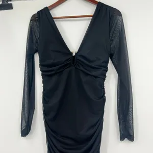 New Anthropologie Long Sleeve Deep V Hardware Midi Dress Black elegant small thumbnail 4