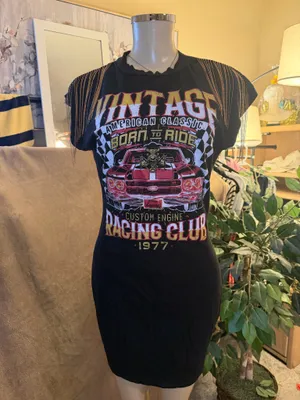 Vintage Racing Club Graphic T-Shirt Dress Fringed Shoulder Size L thumbnail 2