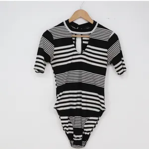 Derek Heart Bodysuit Womens L Black White Striped Ribbed Keyhole Excellent thumbnail 2