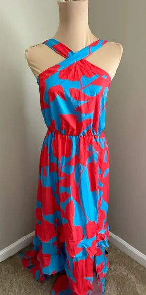 SHEIN Bright Blue and Red Cross-Back Maxi Dress thumbnail 1