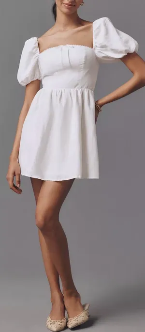NEW Reformation Malvina White Linen Puff-Sleeve Mini Dress sz 12 thumbnail 1