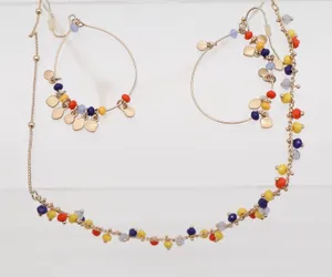 Boho Gold Tone Multi Color Seed Bead Necklace and Hoop Earring Jewelry Set thumbnail 1