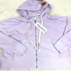 WILDFOX Hoodie Cropped Jacket‎ Large Purple Embroidered Flowers Zip Front Pastel thumbnail 6