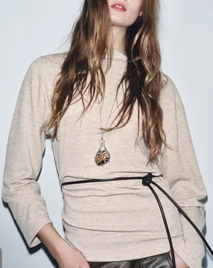 Zara NWT asymmetrical long sleeve top faux leather tie belt light beige marl thumbnail 1
