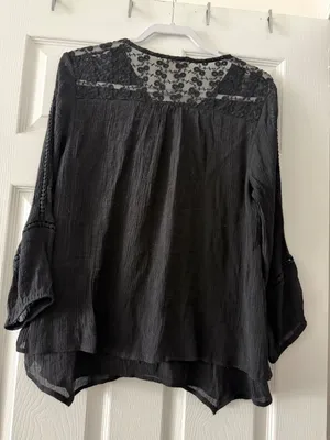 Style & Co Black Boho Gauze Blouse Lace Crochet Trim 3/4 Sleeve Medium thumbnail 2