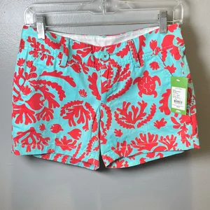 Lilly Pulitzer‎ NEW Don’t be Shellfish Callahan Aqua Coral Turtle Shorts Size 0 thumbnail 3