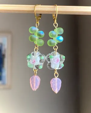 flower glass beads & quality Czech glass beads mix boho fairy retro vintage cottage chic style dangle earrings💐🩵 thumbnail 2