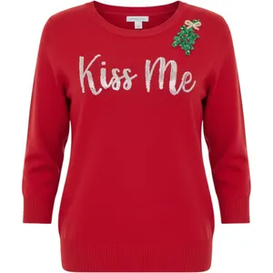 NY&Co Kiss Me Ugly Christmas Sweater Women‎ XS Red Holiday Sequin Mistletoe Glam thumbnail 1