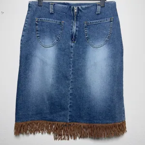 Women VTG y2k Blue Denim Asymmetrical Skirt with‎ Brown Faux Suede Fringe Hem thumbnail 2