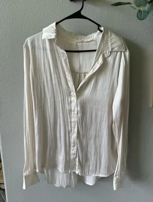 Francesca's Cream Satin Button Down Collared Blouse thumbnail 1