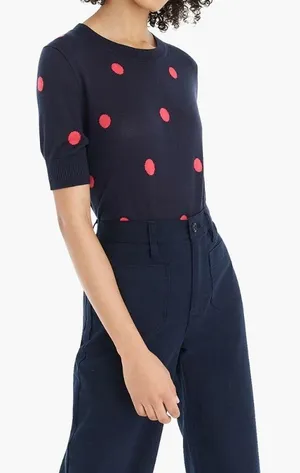 J. CREW Sweater DOT Silk Tencel Polka Crewneck Navy Poppy Fitted medium thumbnail 1