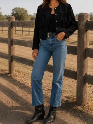 Vintage Black Suede Fringe Leather Cropped Western Boho Style Jacket Size: M thumbnail 2