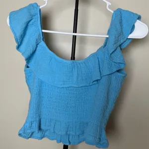 American Eagle Blue Cotton Blend Ruffles Shirred Bodice Tank Top Size Small NWT thumbnail 1