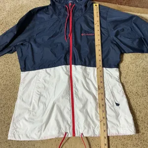 Columbia Windbreaker Jacket Womens Small Navy White Red Full Zip Hooded KL3010‎ thumbnail 3