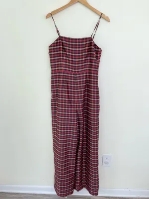 Anthropologie Hutch Plaid Bow Jumpsuit in Red 8 Classic Preppy Holiday Festive thumbnail 3