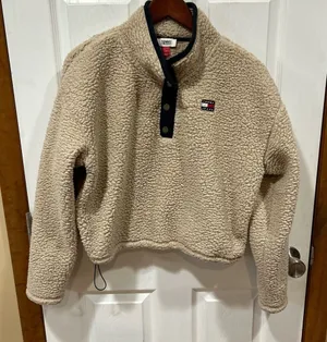 Tommy Hilfiger Tommy Jeans Cropped 1/4 Button Pullover Large Y2K Streetwear Adjustable Waist thumbnail 1