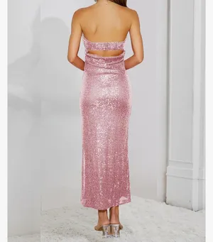 Sequin Strapless Midi Dress Pink Size L thumbnail 2