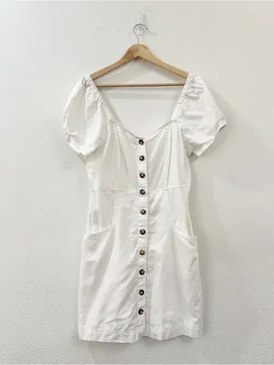 Madewell Linen-Cotton Puff-Sleeve Mini Dress in‎ Lighthouse Size 6 thumbnail 5